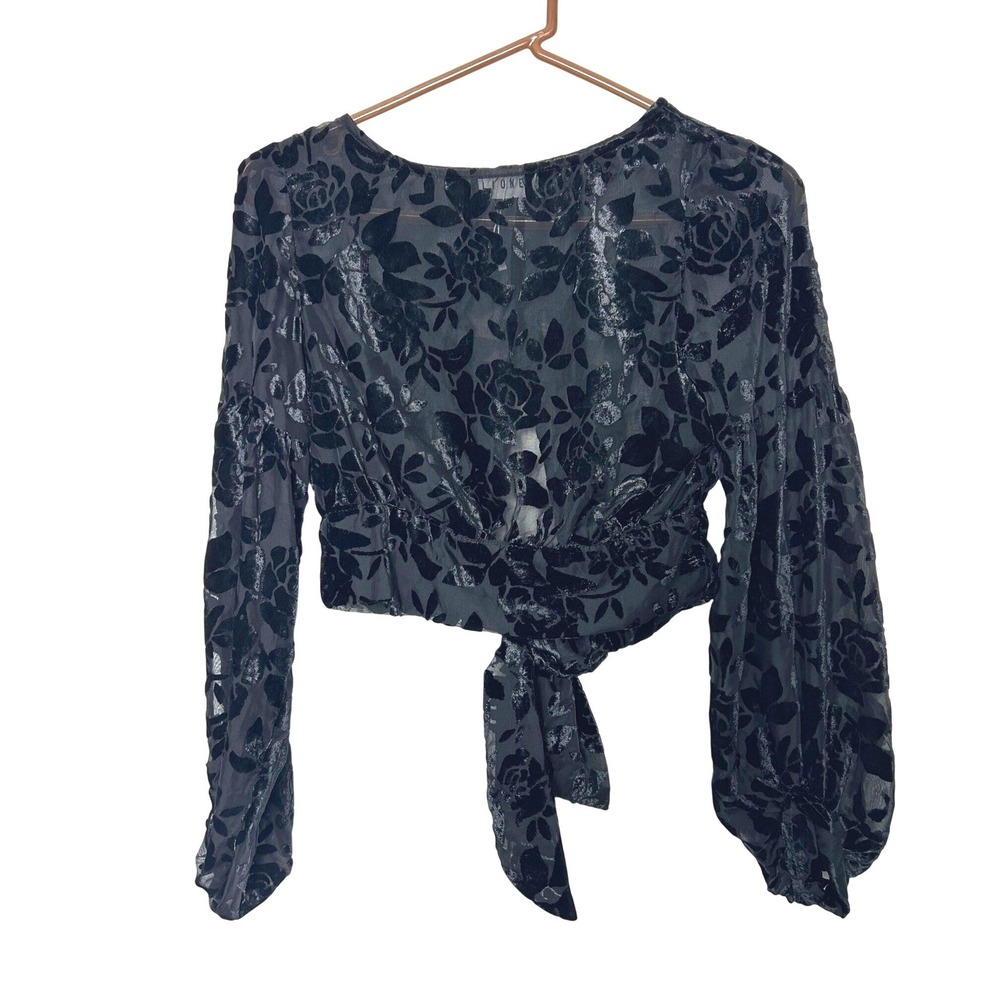 Lioness Top S Black Floral Velvet Burnout Sheer Tie Back Crop Romantic sexy
